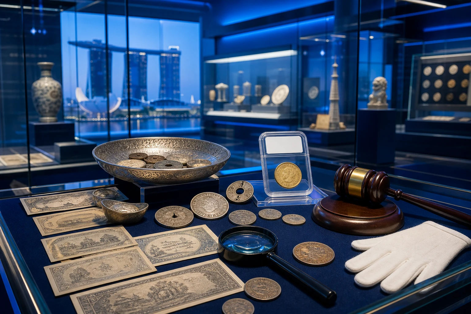 Coins, banknotes, a graded coin and auction gavel in a blue exhibition gallery