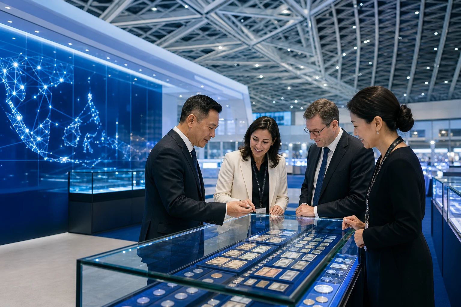 International collectors and exhibitors exchanging knowledge around blue display cases