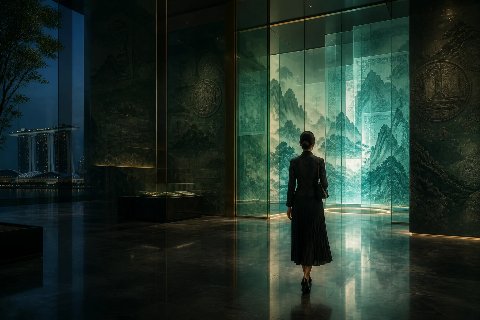 A visitor entering an art gallery of ink landscapes, numismatic textures and digital light