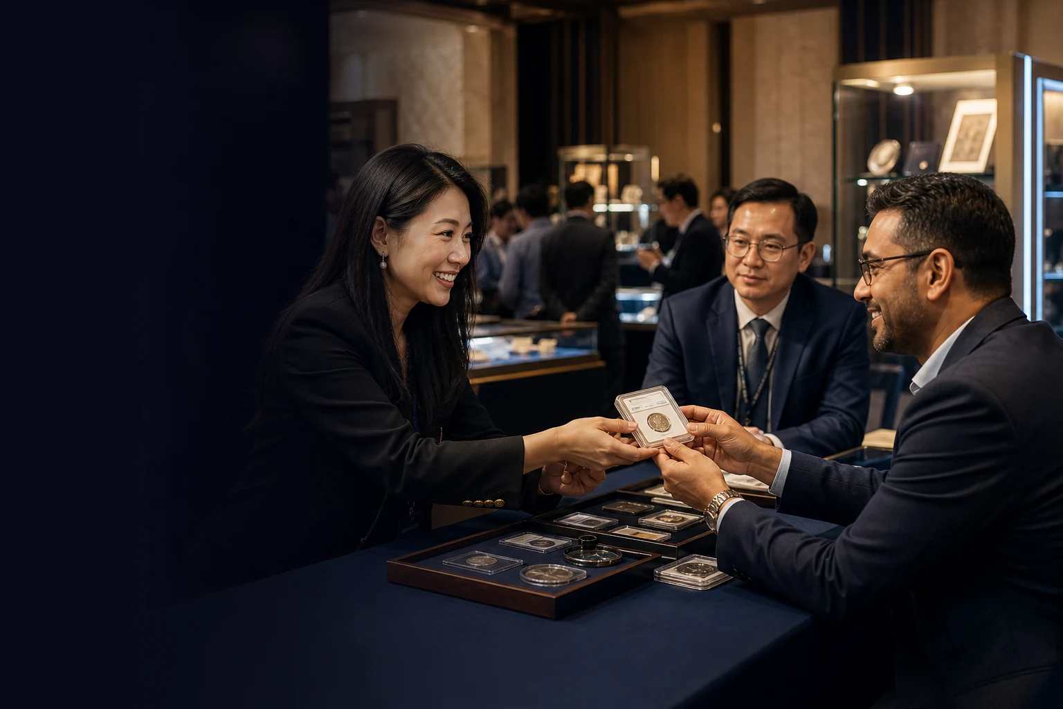 Collectors exchanging a graded coin in a professional numismatic gallery