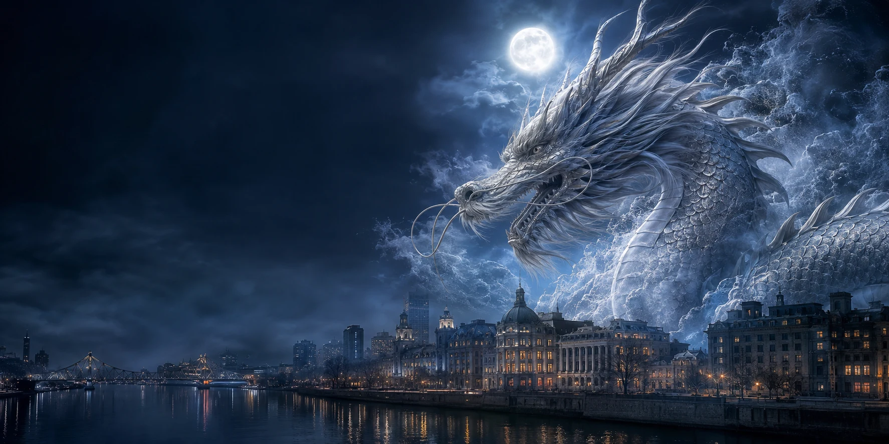 Campaign artwork: a silver dragon rising over the Haihe waterfront at night