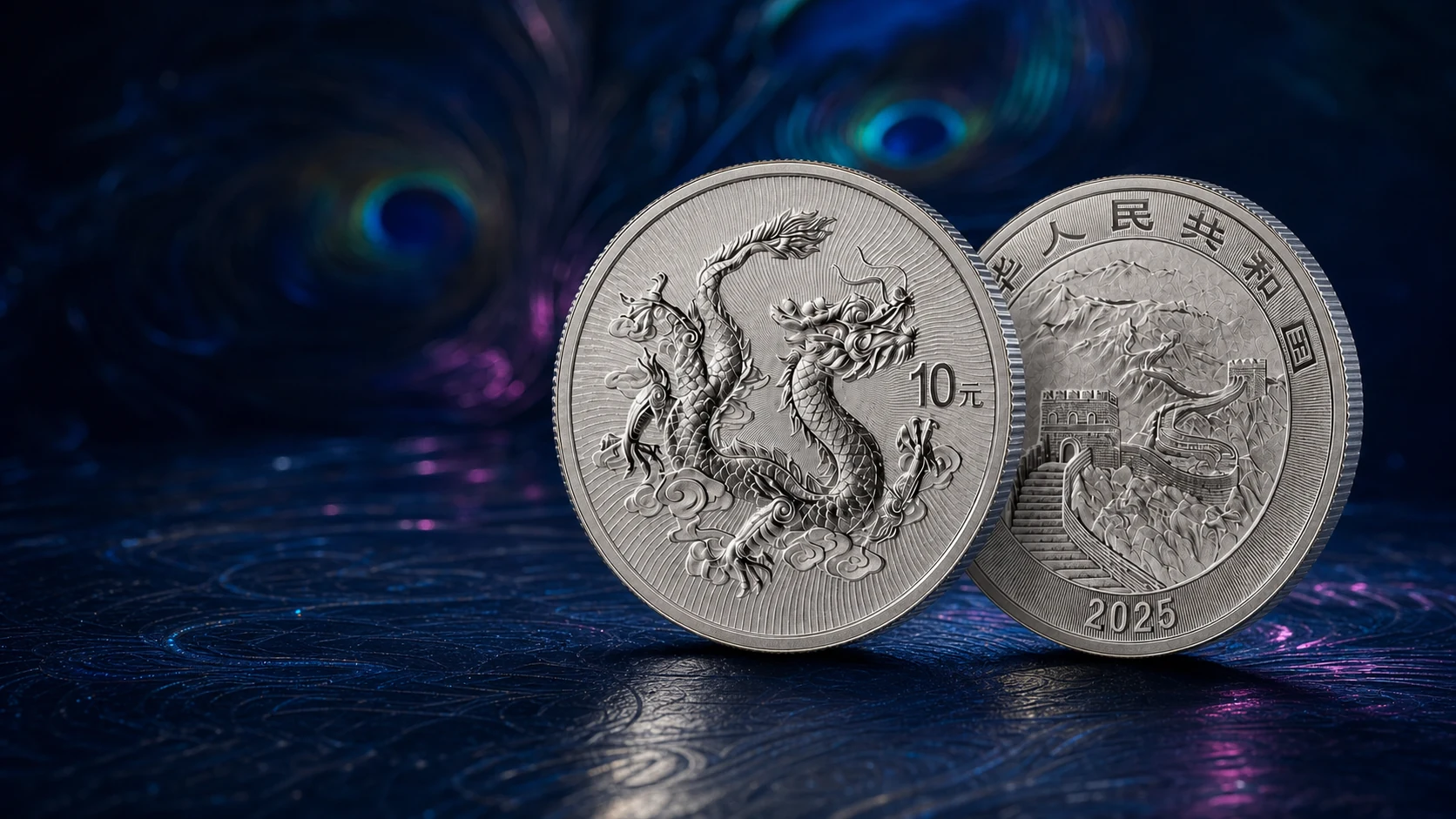 Chinese Dragon Silver Bullion Coin in an artistic blue and violet MSIF presentation