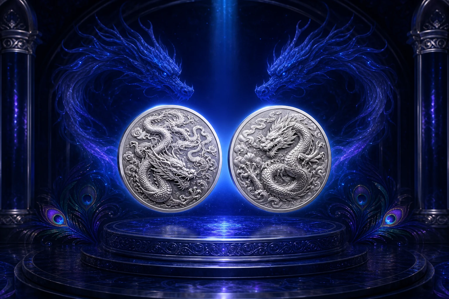 Artistic sapphire twin-dragon presentation for Super Lucky Numbers