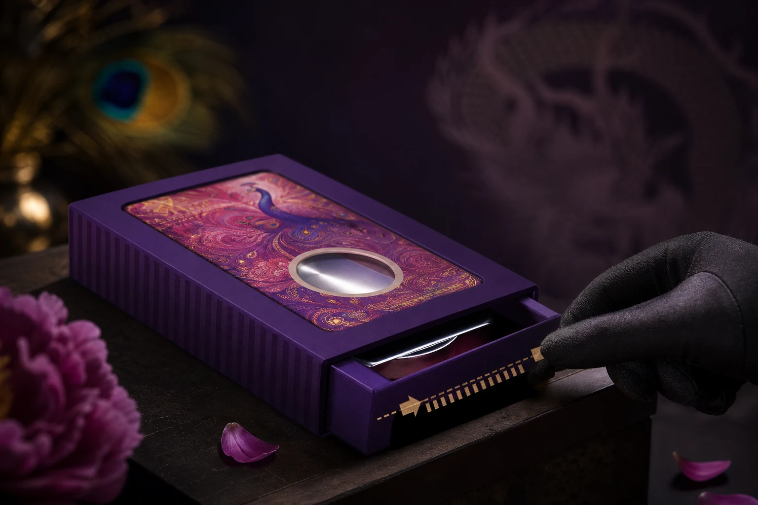 Artistic unboxing of a sealed Dragon Coin mystery box with the serial still concealed