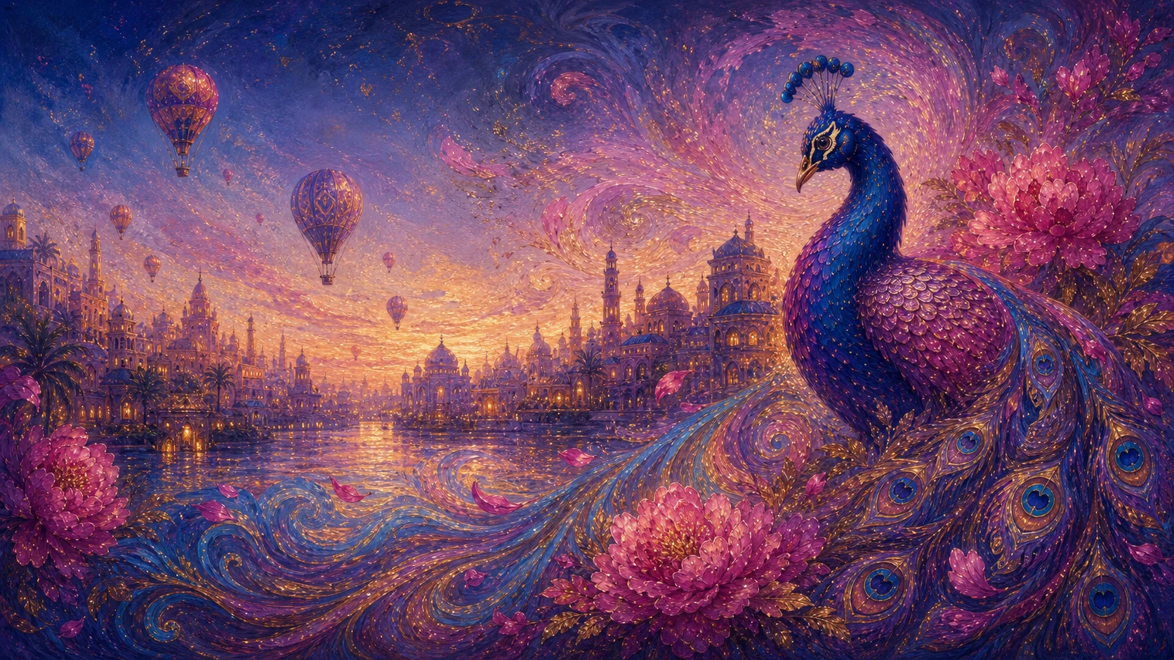 Peacock, peonies, balloons and a borderless city in a painterly dreamscape