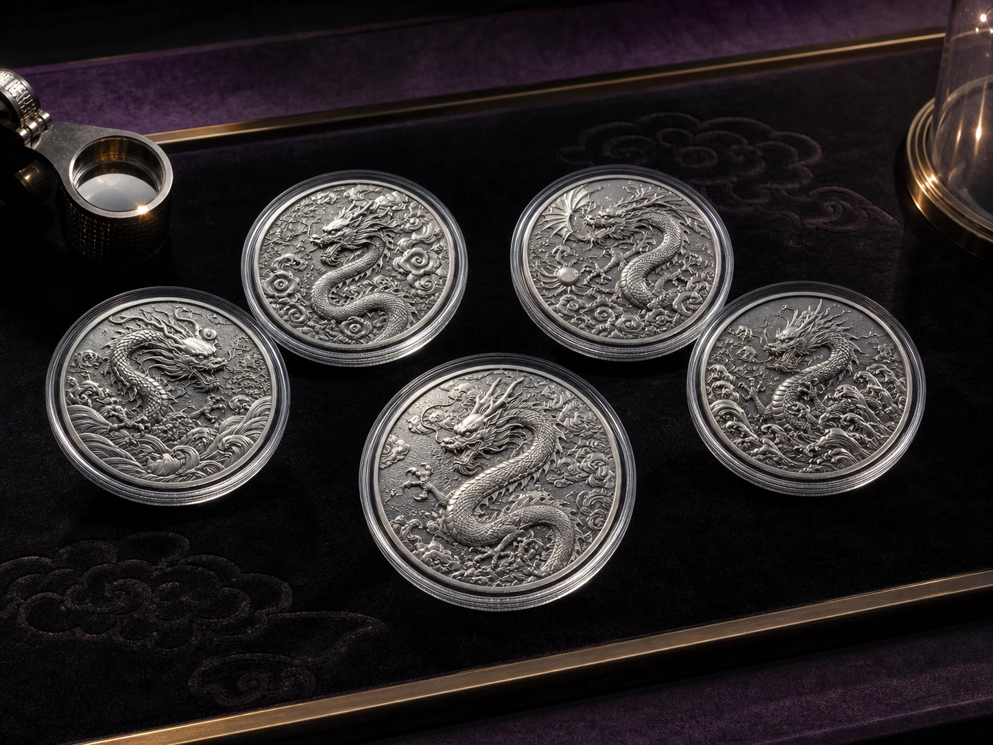 Minting texture and relief detail across five conceptual dragon silver medallions
