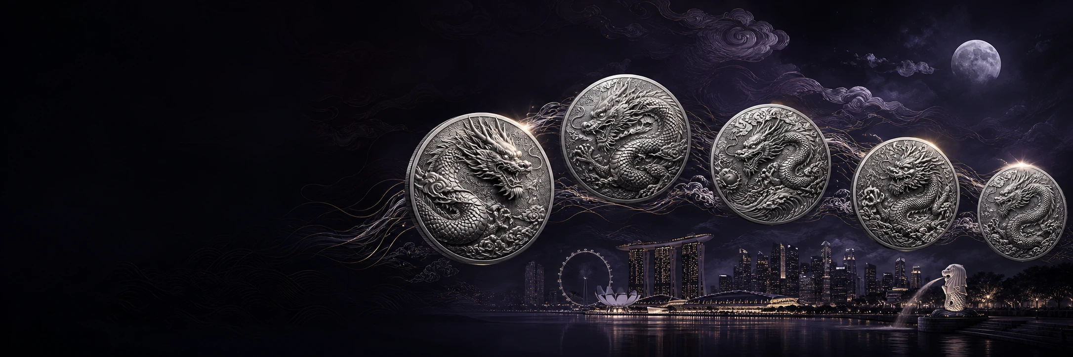 Concept panorama of five dragon silver medallions gathering above the Singapore night skyline