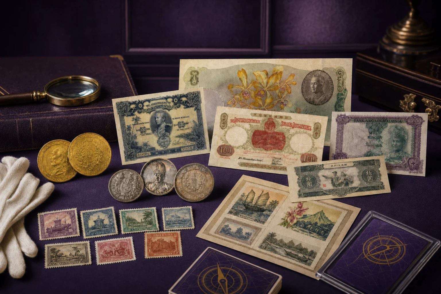 A refined MSIF collecting display featuring historic banknotes, coins, stamps and cards