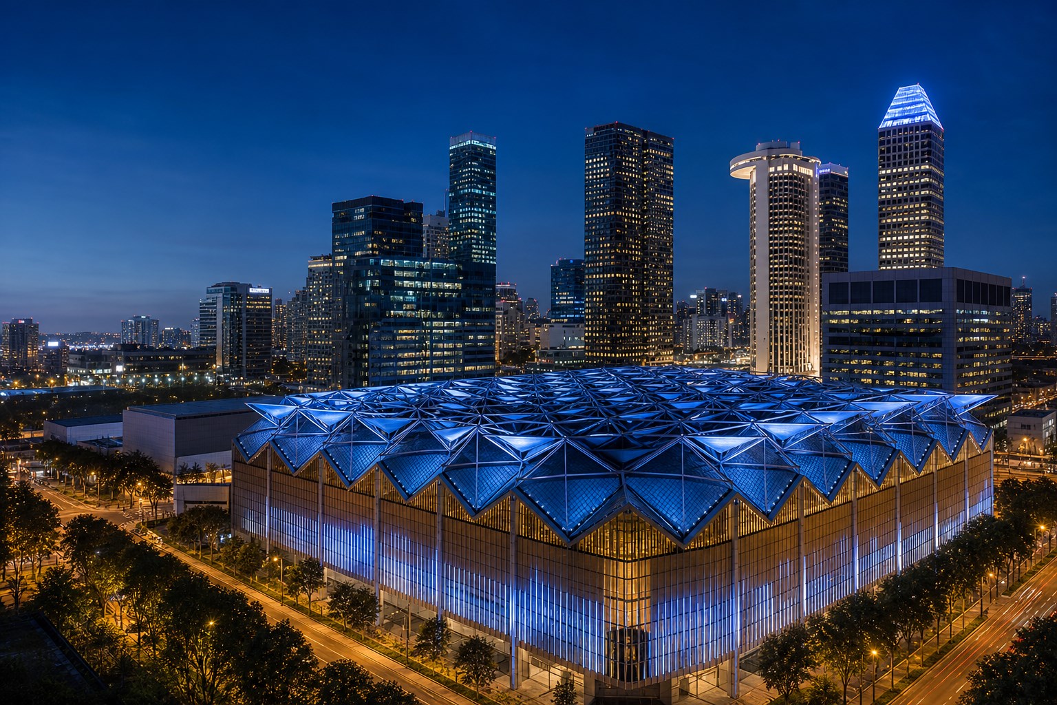 Artistic evening view of Suntec Singapore Convention and Exhibition Centre