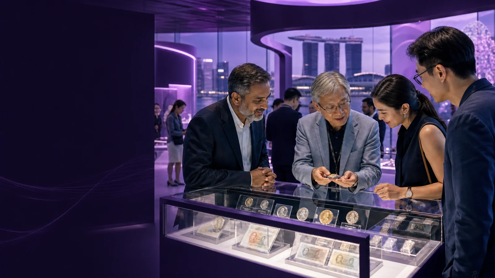 Collectors meeting in a contemporary violet exhibition gallery
