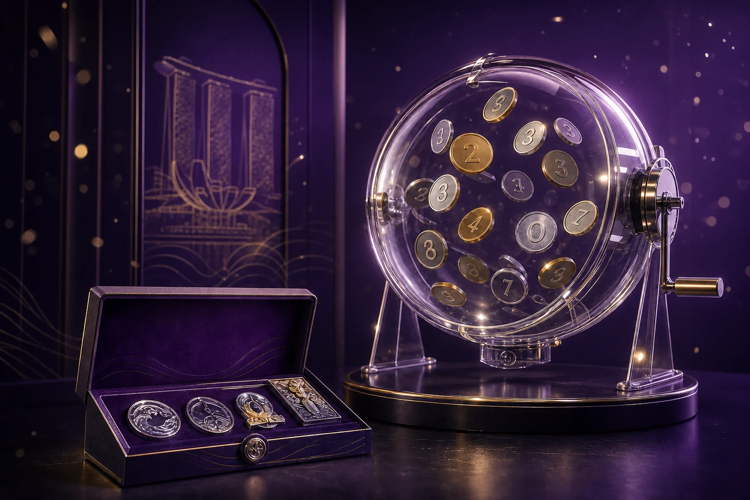 An elegant transparent lucky draw drum in the MSIF violet setting